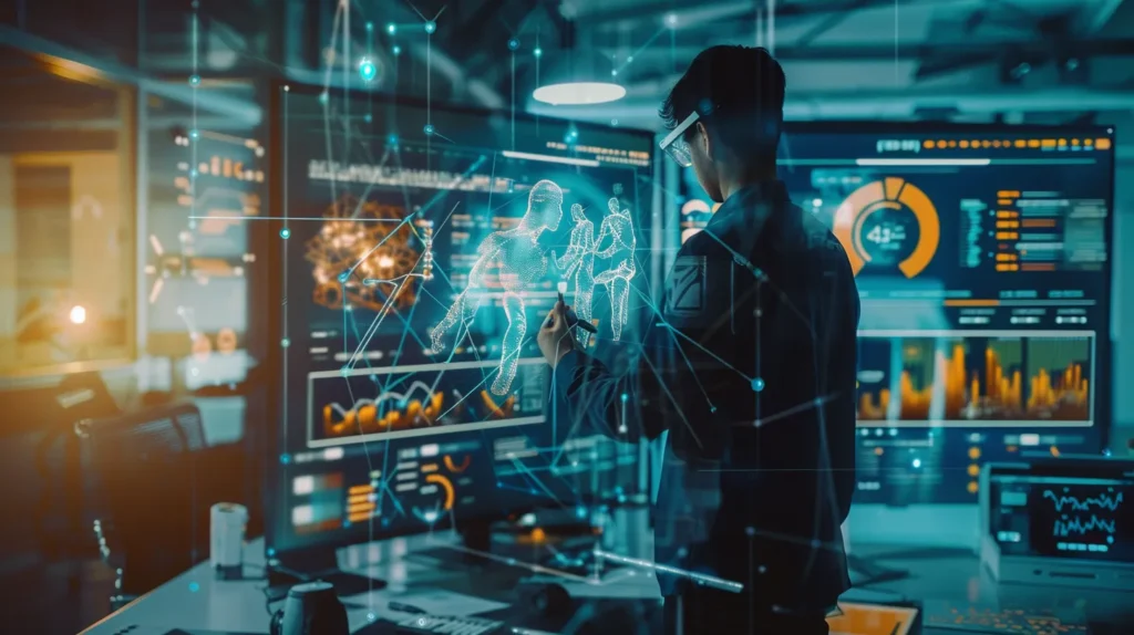 Homme devant plusieurs écrans d'ordinateur surveillant l'intelligence artificielle.