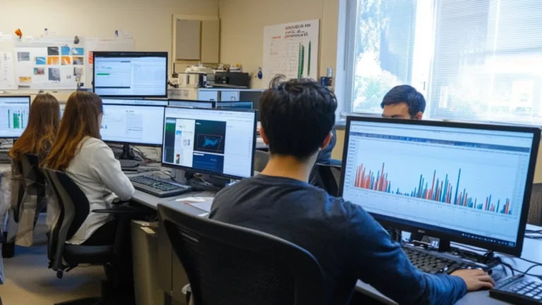 Équipe de PME optimisant un article de blog SEO sur ordinateur