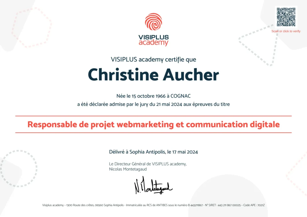 diplôme christine AUCHER Responsable Projet Webmarketing et communication digitale