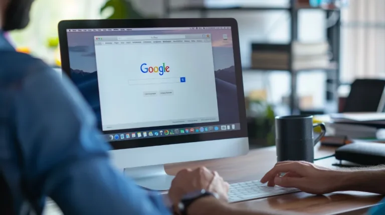 Un marketeur analysant les résultats de recherche de mots-clés sur un écran d’ordinateur dans un bureau professionnel.